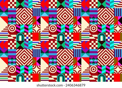 Retro futuristic vector pattern with geometric shapes. Simple form and a figure. Colorful Bauhaus background. Vintage graphics from 1980. 70s, 80s, 90s stile. Abstract design in the Scandinavian style