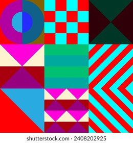 Retro futuristic vector pattern with geometric shapes. Simple form and a figure. Colorful Bauhaus background. Vintage graphics from 1980. 70s, 80s, 90s stile. Abstract design in the Scandinavian style