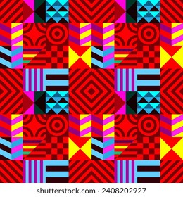 Retro futuristic vector pattern with geometric shapes. Simple form and a figure. Colorful Bauhaus background. Vintage graphics from 1980. 70s, 80s, 90s stile. Abstract design in the Scandinavian style