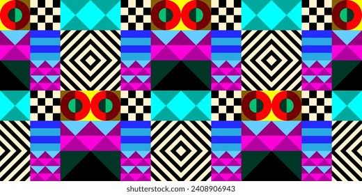 Retro futuristic vector pattern with geometric shapes. Simple form and a figure. Colorful Bauhaus background. Vintage graphics from 1980. 70s, 80s, 90s stile. Abstract design in the Scandinavian style