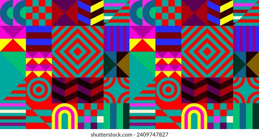 Retro futuristic vector pattern with geometric shapes. Simple form and a figure. Colorful Bauhaus background. Vintage graphics from 1980. 70s, 80s, 90s stile. Abstract design in the Scandinavian style