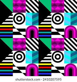 Retro futuristic vector pattern with geometric shapes. Simple form and a figure. Colorful Bauhaus background. Vintage graphics from 1980. 70s, 80s, 90s stile. Abstract design in the Scandinavian style
