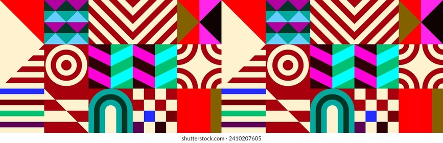 Retro futuristic vector pattern with geometric shapes. Simple form and a figure. Colorful Bauhaus background. Vintage graphics from 1980. 70s, 80s, 90s stile. Abstract design in the Scandinavian style