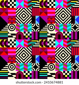 Retro futuristic vector pattern with geometric shapes. Simple form and a figure. Colorful Bauhaus background. Vintage graphics from 1980. 70s, 80s, 90s stile. Abstract design in the Scandinavian style