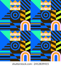 Retro futuristic vector pattern with geometric shapes. Simple form and a figure. Colorful Bauhaus background. Vintage graphics from 1980. 70s, 80s, 90s stile. Abstract design in the Scandinavian style