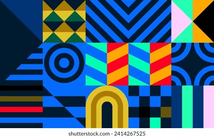Retro futuristic vector pattern with geometric shapes. Simple form and a figure. Colorful Bauhaus background. Vintage graphics from 1980. 70s, 80s, 90s stile. Abstract design in the Scandinavian style