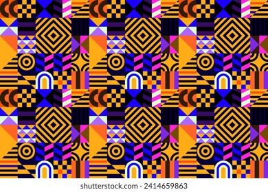 Retro futuristic vector pattern with geometric shapes. Simple form and a figure. Colorful Bauhaus background. Vintage graphics from 1980. 70s, 80s, 90s stile. Abstract design in the Scandinavian style