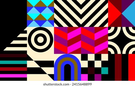 Retro futuristic vector pattern with geometric shapes. Simple form and a figure. Colorful Bauhaus background. Vintage graphics from 1980. 70s, 80s, 90s stile. Abstract design in the Scandinavian style