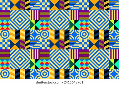 Retro futuristic vector pattern with geometric shapes. Simple form and a figure. Colorful Bauhaus background. Vintage graphics from 1980. 70s, 80s, 90s stile. Abstract design in the Scandinavian style