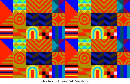 Retro futuristic vector pattern with geometric shapes. Simple form and a figure. Colorful Bauhaus background. Vintage graphics from 1980. 70s, 80s, 90s stile. Abstract design in the Scandinavian style