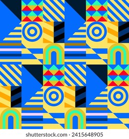 Retro futuristic vector pattern with geometric shapes. Simple form and a figure. Colorful Bauhaus background. Vintage graphics from 1980. 70s, 80s, 90s stile. Abstract design in the Scandinavian style