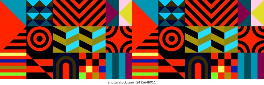 Retro futuristic vector pattern with geometric shapes. Simple form and a figure. Colorful Bauhaus background. Vintage graphics from 1980. 70s, 80s, 90s stile. Abstract design in the Scandinavian style