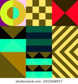 Retro futuristic vector pattern with geometric shapes. Simple form and a figure. Colorful Bauhaus background. Vintage graphics from 1980. 70s, 80s, 90s stile. Abstract design in the Scandinavian style