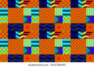 Retro futuristic vector pattern with geometric shapes. Simple form and a figure. Colorful Bauhaus background. Vintage graphics from 1980. 70s, 80s, 90s stile. Abstract design in the Scandinavian style