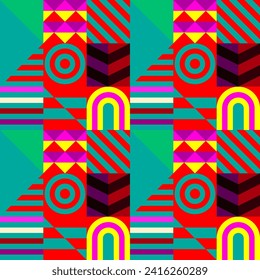 Retro futuristic vector pattern with geometric shapes. Simple form and a figure. Colorful Bauhaus background. Vintage graphics from 1980. 70s, 80s, 90s stile. Abstract design in the Scandinavian style