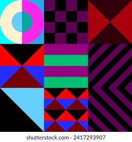 Retro futuristic vector pattern with geometric shapes. Simple form and a figure. Colorful Bauhaus background. Vintage graphics from 1980. 70s, 80s, 90s stile. Abstract design in the Scandinavian style