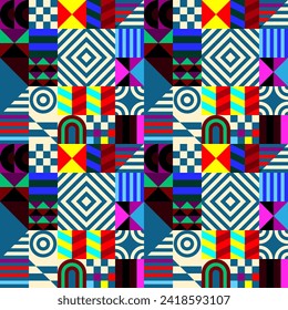 Retro futuristic vector pattern with geometric shapes. Simple form and a figure. Colorful Bauhaus background. Vintage graphics from 1980. 70s, 80s, 90s stile. Abstract design in the Scandinavian style