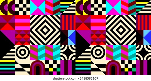 Retro futuristic vector pattern with geometric shapes. Simple form and a figure. Colorful Bauhaus background. Vintage graphics from 1980. 70s, 80s, 90s stile. Abstract design in the Scandinavian style