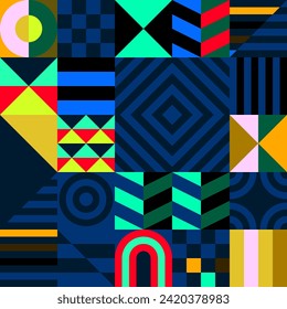 Retro futuristic vector pattern with geometric shapes. Simple form and a figure. Colorful Bauhaus background. Vintage graphics from 1980. 70s, 80s, 90s stile. Abstract design in the Scandinavian style