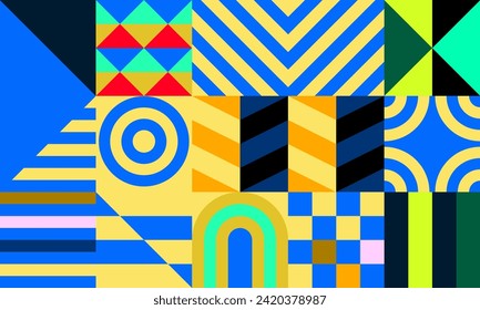 Retro futuristic vector pattern with geometric shapes. Simple form and a figure. Colorful Bauhaus background. Vintage graphics from 1980. 70s, 80s, 90s stile. Abstract design in the Scandinavian style