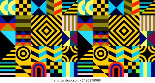 Retro futuristic vector pattern with geometric shapes. Simple form and a figure. Colorful Bauhaus background. Vintage graphics from 1980. 70s, 80s, 90s stile. Abstract design in the Scandinavian style