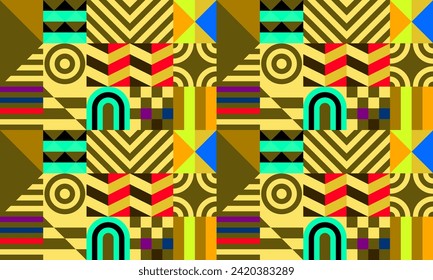 Retro futuristic vector pattern with geometric shapes. Simple form and a figure. Colorful Bauhaus background. Vintage graphics from 1980. 70s, 80s, 90s stile. Abstract design in the Scandinavian style