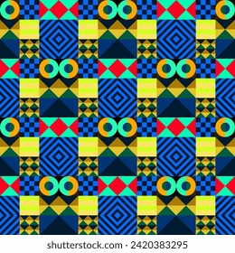 Retro futuristic vector pattern with geometric shapes. Simple form and a figure. Colorful Bauhaus background. Vintage graphics from 1980. 70s, 80s, 90s stile. Abstract design in the Scandinavian style