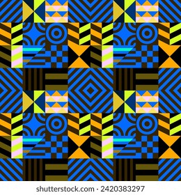 Retro futuristic vector pattern with geometric shapes. Simple form and a figure. Colorful Bauhaus background. Vintage graphics from 1980. 70s, 80s, 90s stile. Abstract design in the Scandinavian style