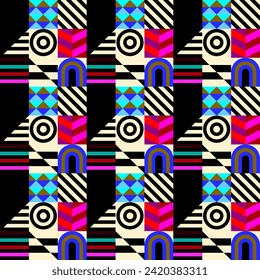 Retro futuristic vector pattern with geometric shapes. Simple form and a figure. Colorful Bauhaus background. Vintage graphics from 1980. 70s, 80s, 90s stile. Abstract design in the Scandinavian style