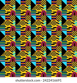 Retro futuristische Vektormuster mit geometrischen Formen. Einfache Form und Figur. Farbiger Bauhaus-Hintergrund. Vintage-Grafiken aus dem Jahr 1980. 70er, 80er und 90er Jahre still. Abstraktes Design im skandinavischen Stil