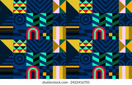 Retro futuristic vector pattern with geometric shapes. Simple form and a figure. Colorful Bauhaus background. Vintage graphics from 1980. 70s, 80s, 90s stile. Abstract design in the Scandinavian style