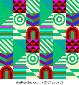 Retro futuristic vector pattern with geometric shapes. Simple form and a figure. Colorful Bauhaus background. Vintage graphics from 1980. 70s, 80s, 90s stile. Abstract design in the Scandinavian style