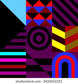 Retro futuristic vector pattern with geometric shapes. Simple form and a figure. Colorful Bauhaus background. Vintage graphics from 1980. 70s, 80s, 90s stile. Abstract design in the Scandinavian style