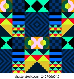 Retro futuristic vector pattern with geometric shapes. Simple form and a figure. Colorful Bauhaus background. Vintage graphics from 1980. 70s, 80s, 90s stile. Abstract design in the Scandinavian style