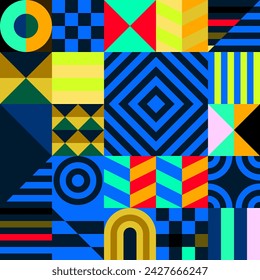 Retro futuristic vector pattern with geometric shapes. Simple form and a figure. Colorful Bauhaus background. Vintage graphics from 1980. 70s, 80s, 90s stile. Abstract design in the Scandinavian style