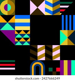 Retro futuristic vector pattern with geometric shapes. Simple form and a figure. Colorful Bauhaus background. Vintage graphics from 1980. 70s, 80s, 90s stile. Abstract design in the Scandinavian style