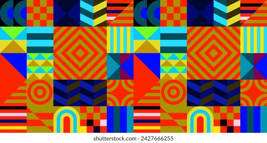 Retro futuristic vector pattern with geometric shapes. Simple form and a figure. Colorful Bauhaus background. Vintage graphics from 1980. 70s, 80s, 90s stile. Abstract design in the Scandinavian style