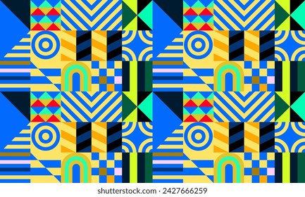 Retro futuristic vector pattern with geometric shapes. Simple form and a figure. Colorful Bauhaus background. Vintage graphics from 1980. 70s, 80s, 90s stile. Abstract design in the Scandinavian style