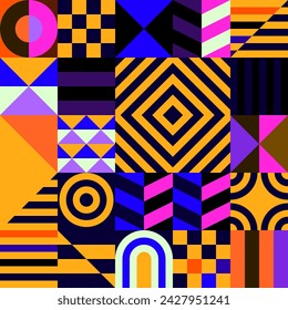 Retro futuristic vector pattern with geometric shapes. Simple form and a figure. Colorful Bauhaus background. Vintage graphics from 1980. 70s, 80s, 90s stile. Abstract design in the Scandinavian style