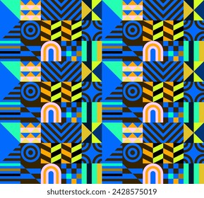 Retro futuristic vector pattern with geometric shapes. Simple form and a figure. Colorful Bauhaus background. Vintage graphics from 1980. 70s, 80s, 90s stile. Abstract design in the Scandinavian style