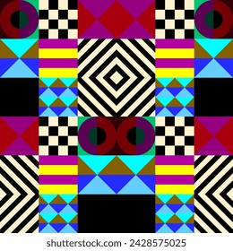 Retro futuristic vector pattern with geometric shapes. Simple form and a figure. Colorful Bauhaus background. Vintage graphics from 1980. 70s, 80s, 90s stile. Abstract design in the Scandinavian style