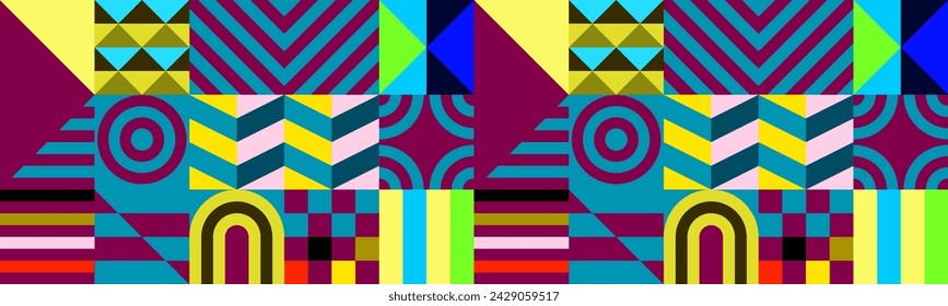 Retro futuristic vector pattern with geometric shapes. Simple form and a figure. Colorful Bauhaus background. Vintage graphics from 1980. 70s, 80s, 90s stile. Abstract design in the Scandinavian style
