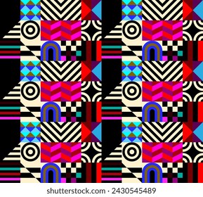 Retro futuristic vector pattern with geometric shapes. Simple form and a figure. Colorful Bauhaus background. Vintage graphics from 1980. 70s, 80s, 90s stile. Abstract design in the Scandinavian style