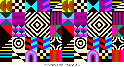Retro futuristic vector pattern with geometric shapes. Simple form and a figure. Colorful Bauhaus background. Vintage graphics from 1980. 70s, 80s, 90s stile. Abstract design in the Scandinavian style