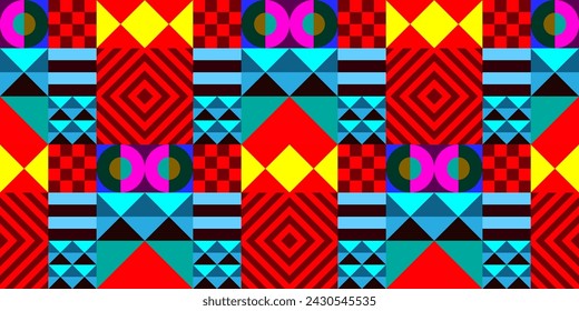 Retro futuristic vector pattern with geometric shapes. Simple form and a figure. Colorful Bauhaus background. Vintage graphics from 1980. 70s, 80s, 90s stile. Abstract design in the Scandinavian style