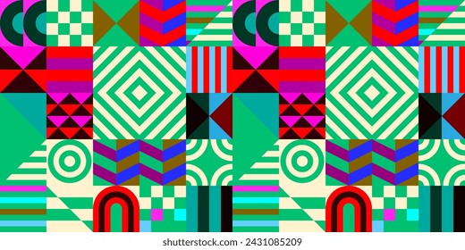 Retro futuristic vector pattern with geometric shapes. Simple form and a figure. Colorful Bauhaus background. Vintage graphics from 1980. 70s, 80s, 90s stile. Abstract design in the Scandinavian style