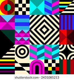 Retro futuristic vector pattern with geometric shapes. Simple form and a figure. Colorful Bauhaus background. Vintage graphics from 1980. 70s, 80s, 90s stile. Abstract design in the Scandinavian style