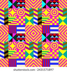 Retro futuristic vector pattern with geometric shapes. Simple form and a figure. Colorful Bauhaus background. Vintage graphics from 1980. 70s, 80s, 90s stile. Abstract design in the Scandinavian style