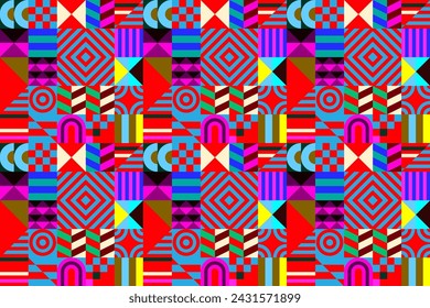 Retro futuristic vector pattern with geometric shapes. Simple form and a figure. Colorful Bauhaus background. Vintage graphics from 1980. 70s, 80s, 90s stile. Abstract design in the Scandinavian style