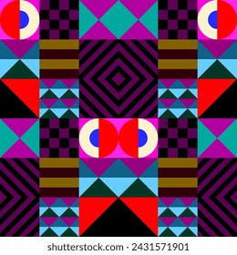 Retro futuristic vector pattern with geometric shapes. Simple form and a figure. Colorful Bauhaus background. Vintage graphics from 1980. 70s, 80s, 90s stile. Abstract design in the Scandinavian style